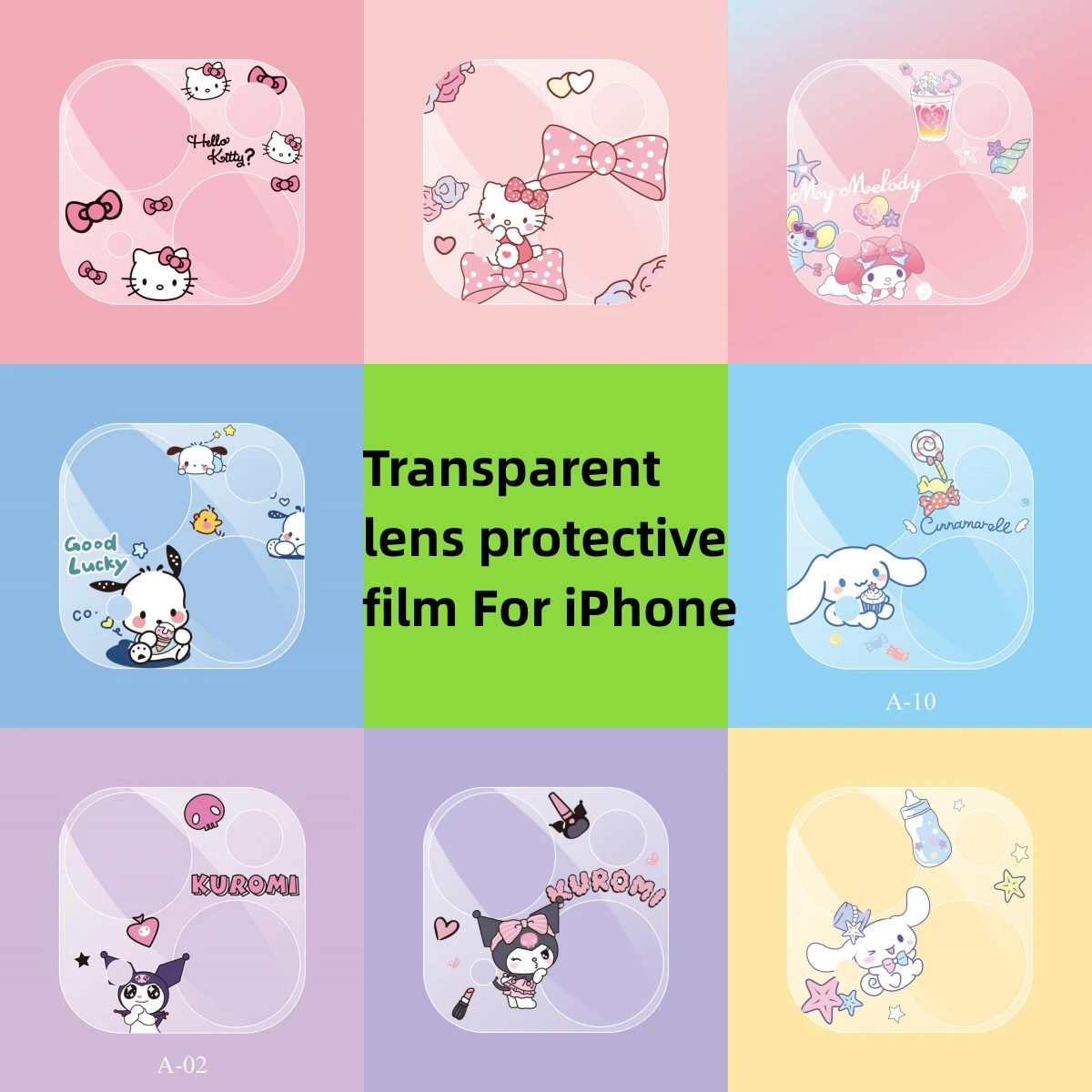 

Cartoon Full Cover Transparent Camera Lens Glass for iPhone 11 12 Mini 13 Pro Max 14 Plus Melody Kitty Kuromi Screen Protector