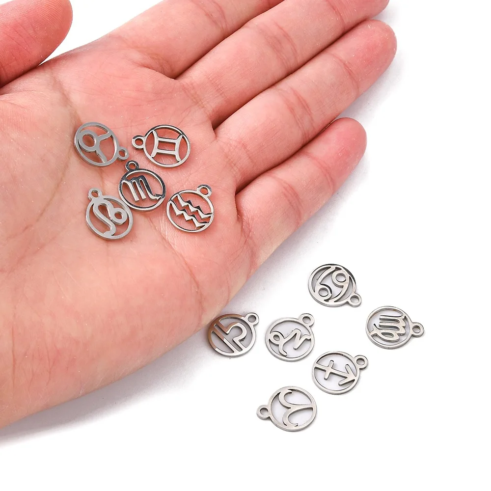 Stainless Steel 12 Zodiac Signs Small Charm a Package Round For Necklaces Bracelets DIY Handmade Accessories  Pendant