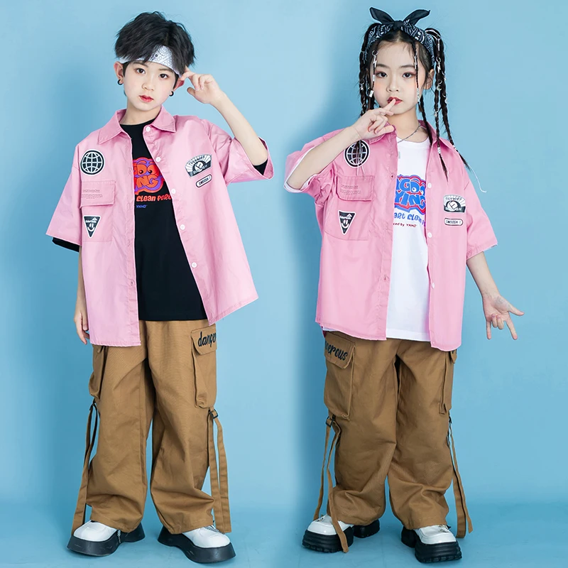 

Kids Hip Hop Clothing Pink Oversize Shirt Khaki Casual Street Cargo Pants for Girl Boy Jazz Dance Costume Teen Stage Clothes