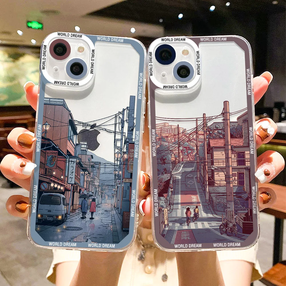 

Japanese Anime Hand Painted House Scenery Clear Phone Case For iPhone 13 14 12 11 Pro Max X XR XS 7 8 Plus SE2 Transparent Cover