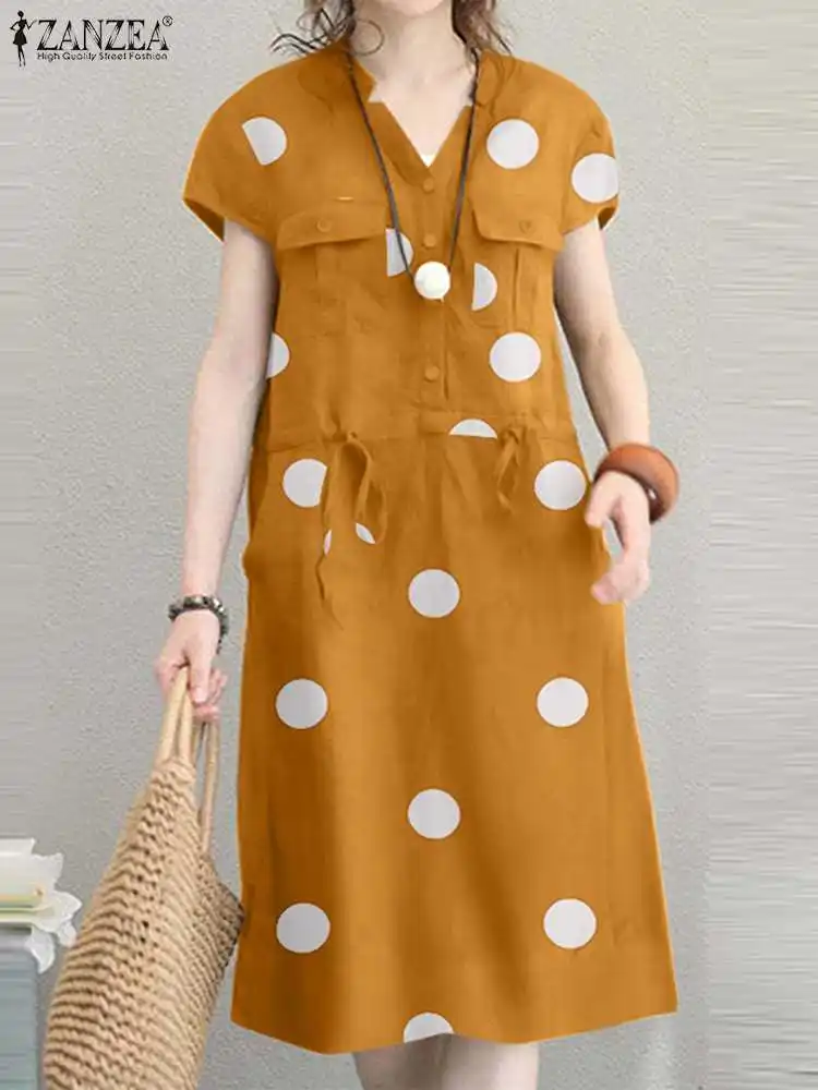 

2023 ZANZEA Woman Holiday Sundress Bohemian Casual Polka Dots Printed Dress Elegant Beach Vestidos Short Sleeve Fashion Robe