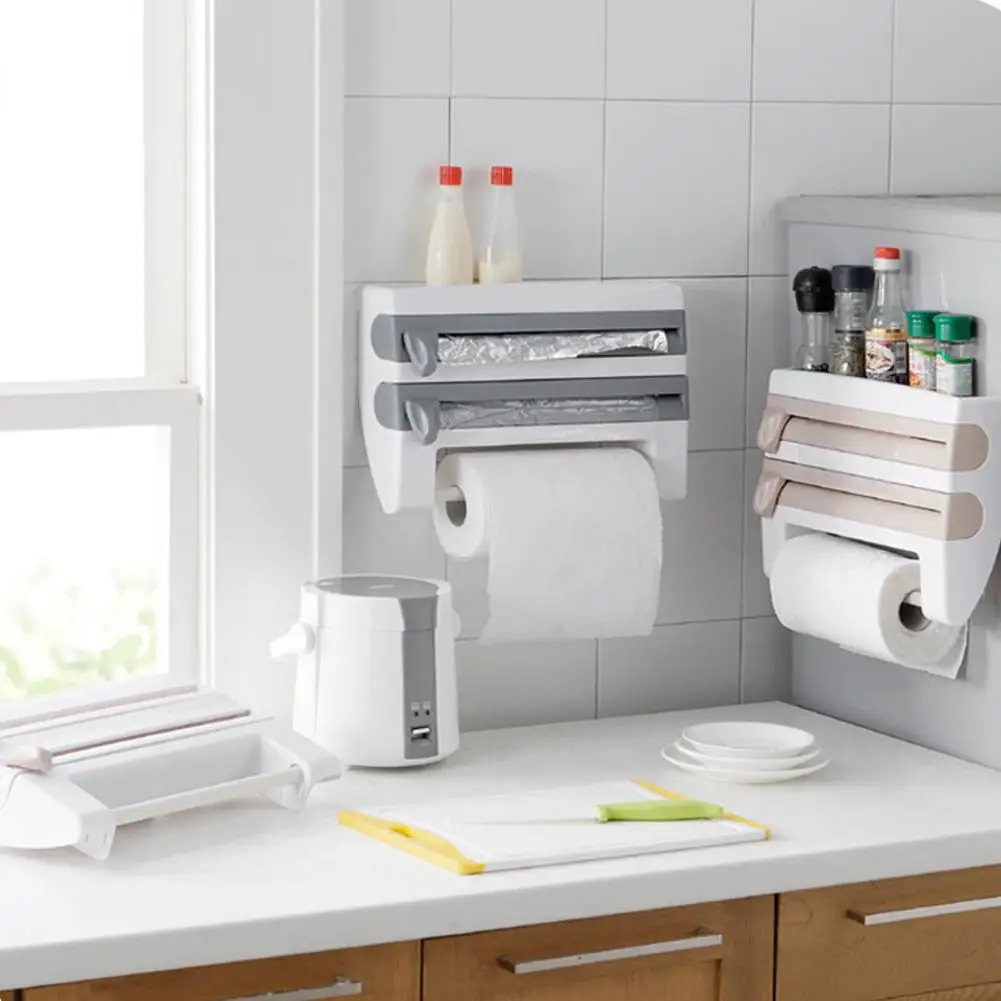 

Food Cling Film Dispenser 4 In 1 Wall-Mounted Plastic Organizer Foil Aluminium Cutter Dispenser Kitchen Wrap Accessories A7A2
