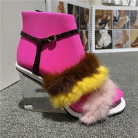 2022 summer shoes fashion buckle fur wedge sandals women sexy slingback square toe color block mink leather patchwork sandals