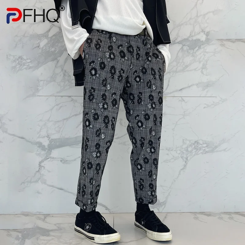

PFHQ Embroidery Flower Color Contrast Designer Nine Points Pants Men's Casual High Quality Trendy Elegant Trousers 2023 21F1508