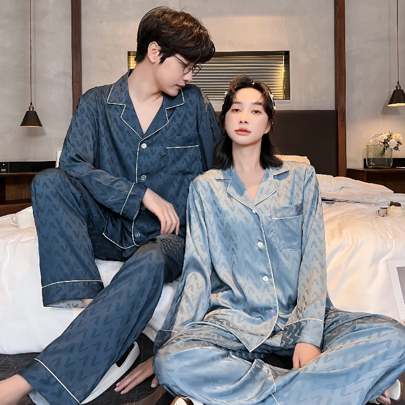 

Solid Color Sleepwear Silk Satin Pajamas Couple Set Long Button-Down Pyjamas Suit Pijama Women Men Loungewear Plus Size Pj Set