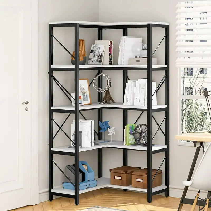 

5-Tier L-Shaped Bookcase Storage Organizer, Tall Corner Bookshelf Open Display Freestanding Storage, White