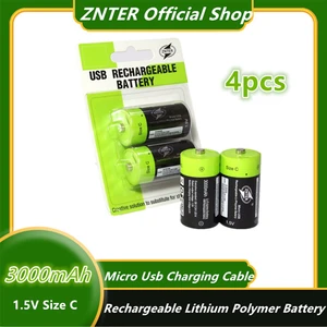 ZNTER 4pcs 1.5V 3000mAh C Size Rechargeable Battery Lithium Polymer Battery Charged by Micro USB Cable Support Drop shipping