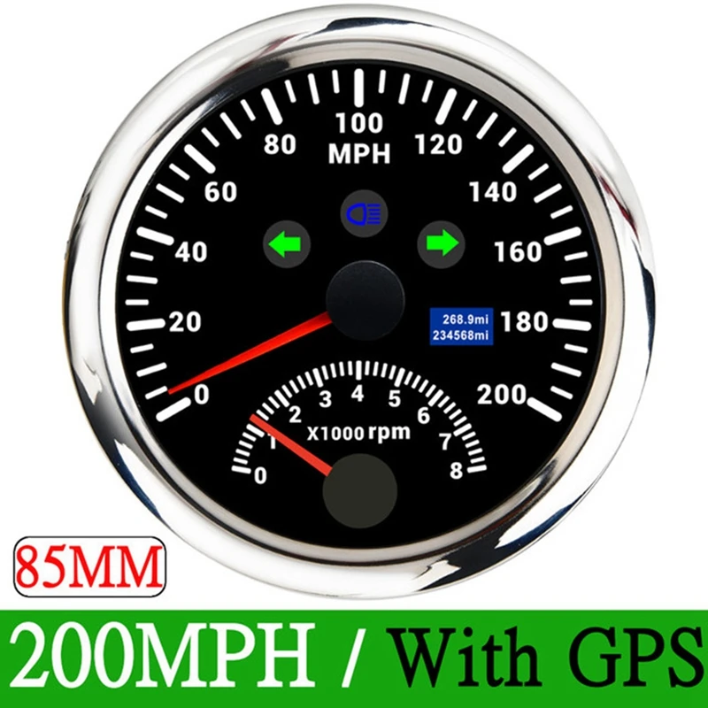 

2 In 1 85MM Marine GPS Tachometer 0-200 MPH Speedometer 0-8000 RPM With Red Backlight For Marine Yachts