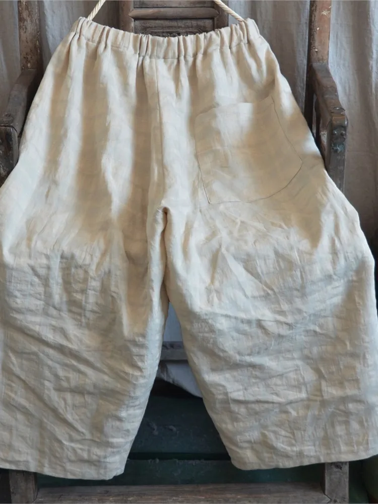 Брюки женские льняные с поясом на резинке свободные винтажные клетчатые брюки