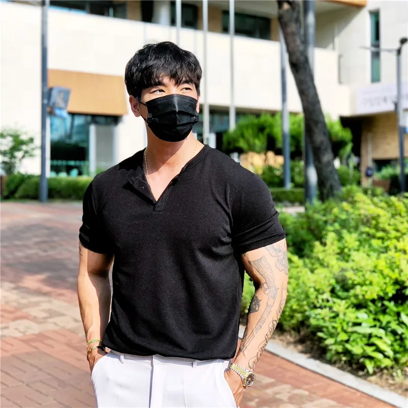 2022 new button collar Man Fashion T-shirt Shirt Casual Plain Color sleeve High Quality Slim Men Fitness homme tee |