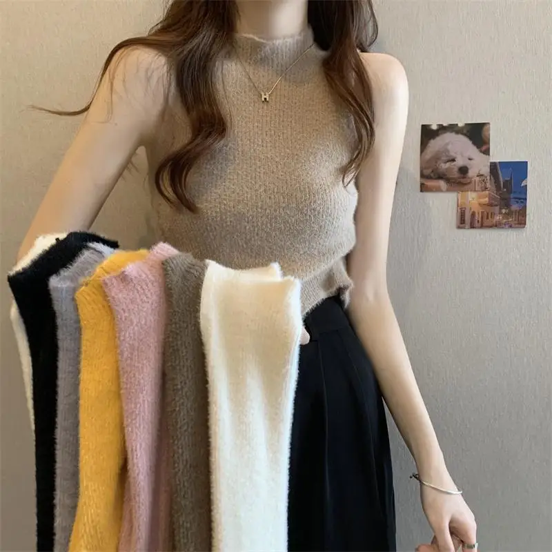 

Wholesale Sleeveless Mock Neck Sweater Vest Base Slim Pullovers Women Mohair 2023 New Autumn Winter Short Solid Knitted Top