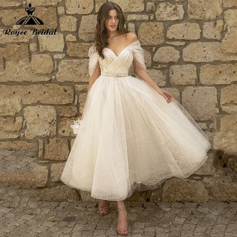 

2024 Vintage A Line Ankle-Length Wedding Dresses Off the Shoulder Cap Sleeve V Neck Pleats vestido de novia corto Lakshmigown