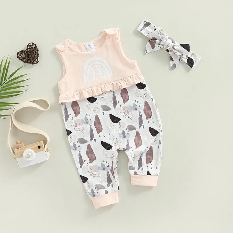 

Newborn Girl Romper Outfits Clothes Sleeveless Rainbow Printed Ruffles Decor Patchwork Romper Cute Headband Set