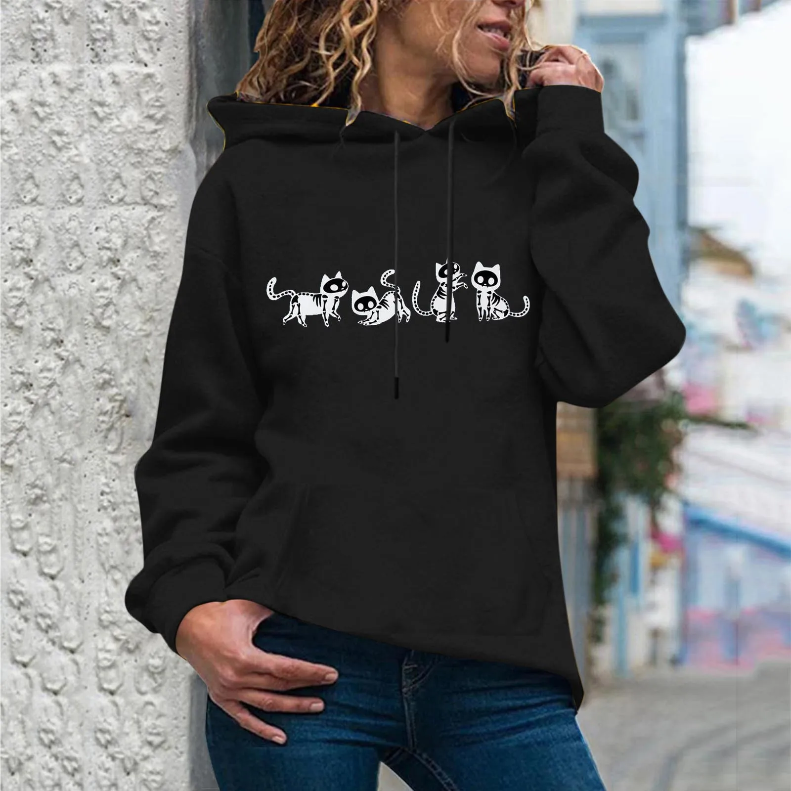 

Winter Gothic Style Hoodie Ladies Sweatshirt Harajuku Skull Cat Print Hooded Aesthetic Hoodie Spring Ladies Hoodie Streetwear