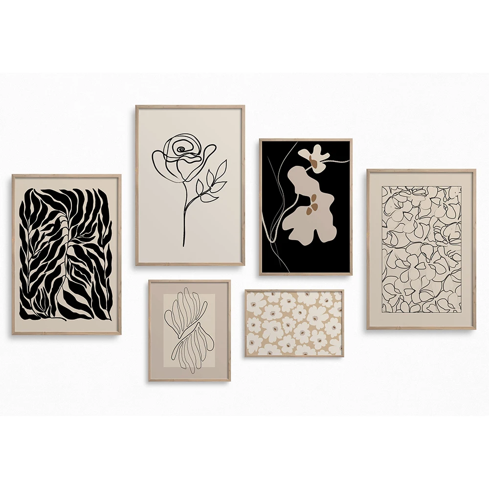 

Abstract Flower Line Black Beige Boho Posters Canvas Painting Wall Art Print Pictures for Living Room Interior Home Decoration