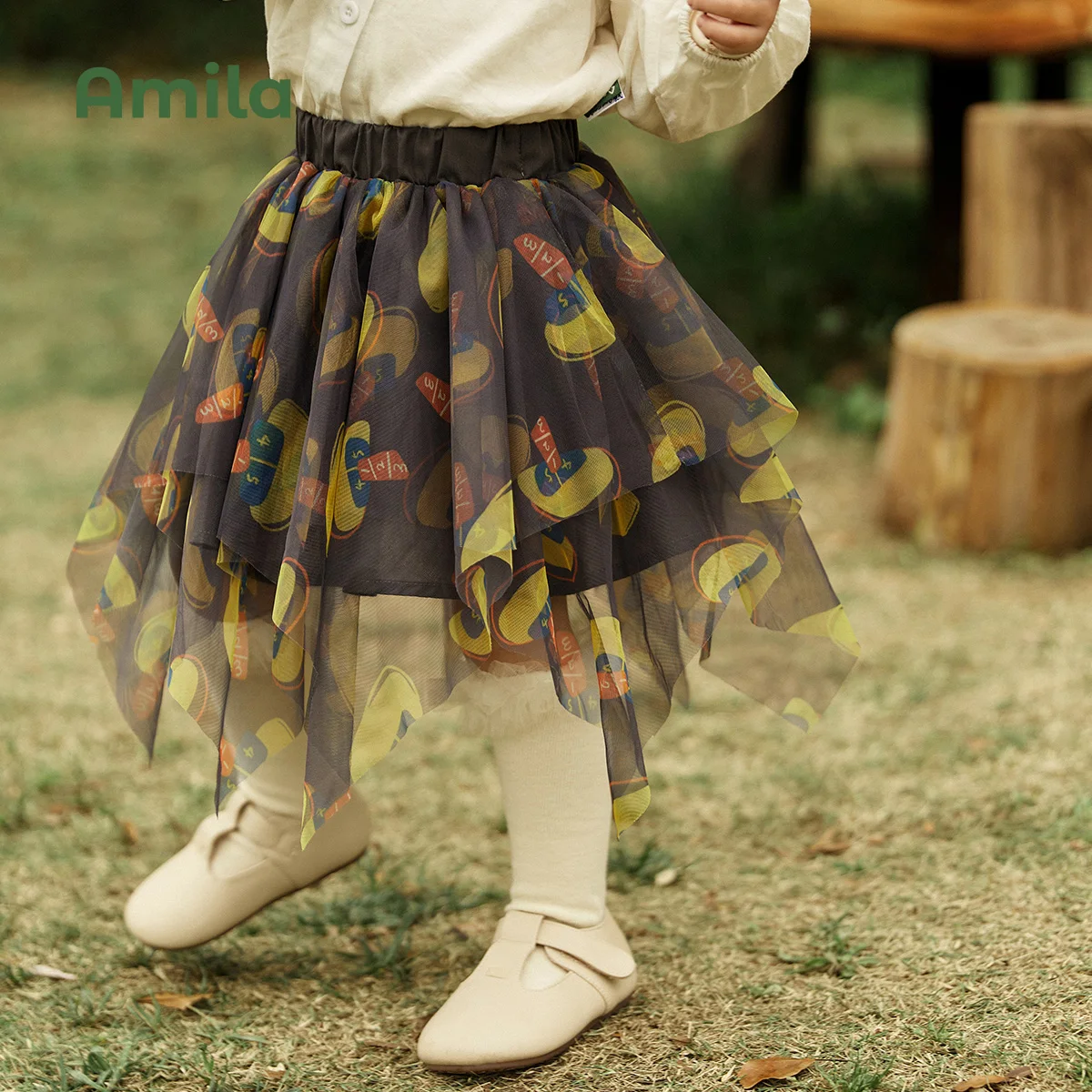 Amila Children's 2022 Autumn New Cute Baby  Tulle Irregular Mesh A-Line  Cotton Girls Clothes  Princess Fashion Skirt
