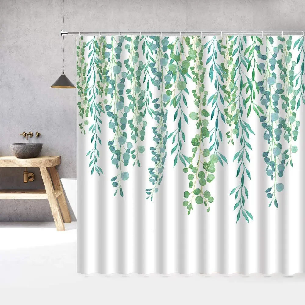 Plant Leave Nature Art Rural Decor Fabric Bathroom With Hook Green White