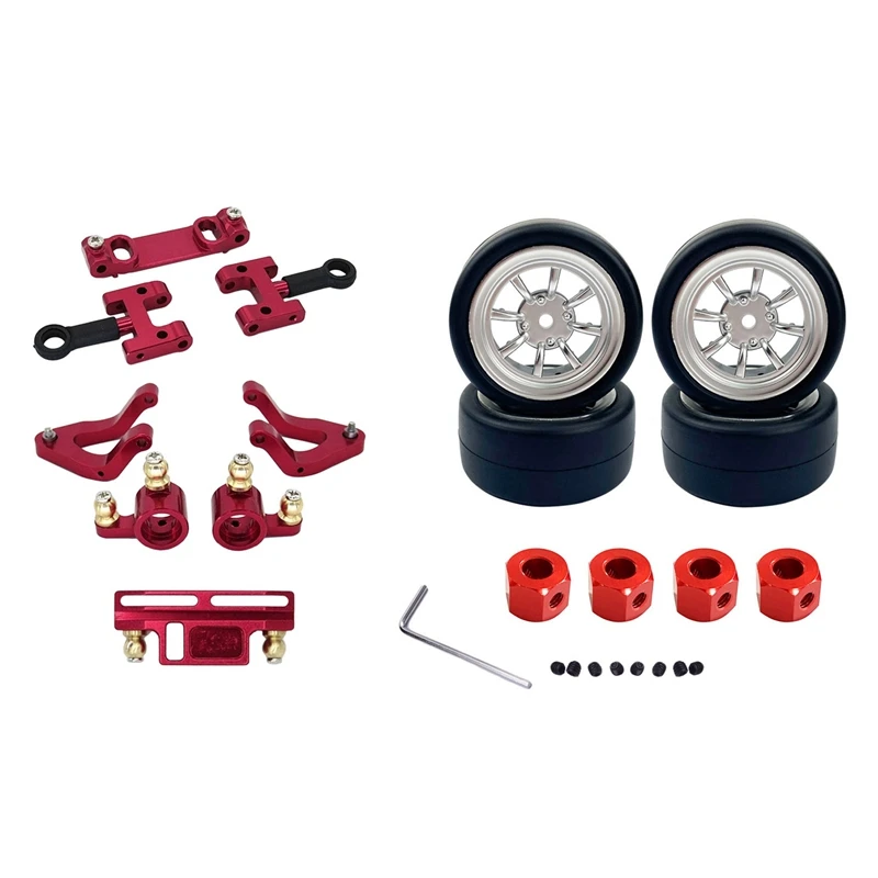 

2 Set RC Car Part: 1 Set Upper Lower Swing Arm Steering Cup Knuckle Set & 1 Set Wheel Rim And Rubber Drift Tire Set