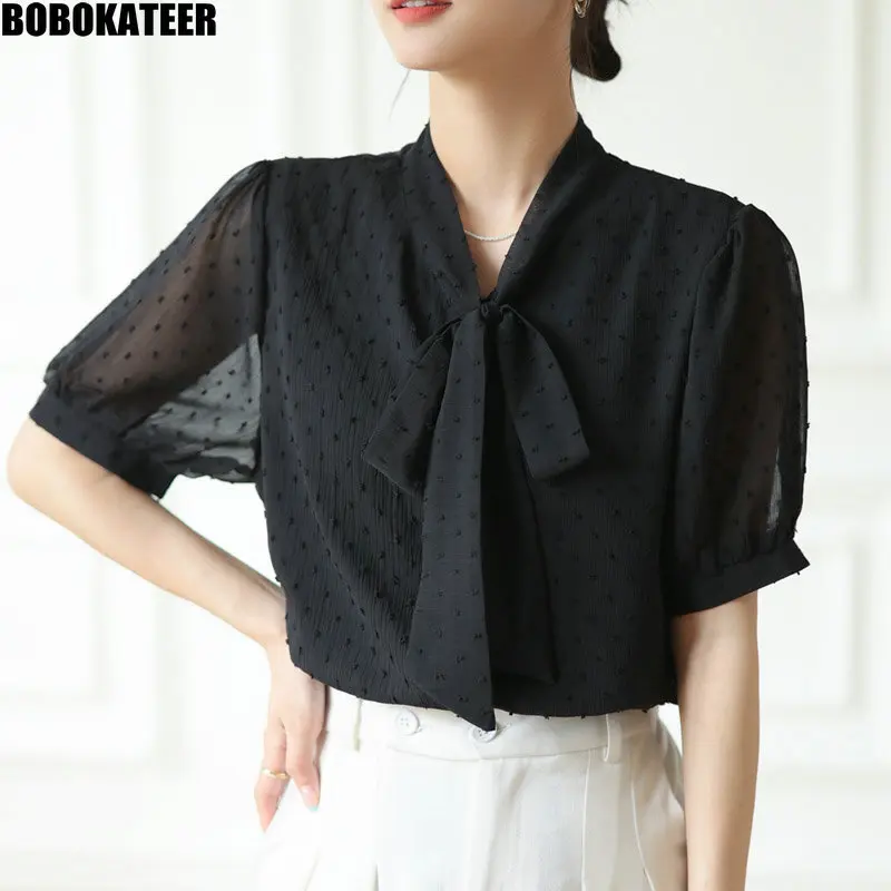 

Блузка BOBOKATEER женская с коротким рукавом, винтажный Топ, шифоновая Повседневная модная рубашка в Корейском стиле, цвет черный, лето, 2023