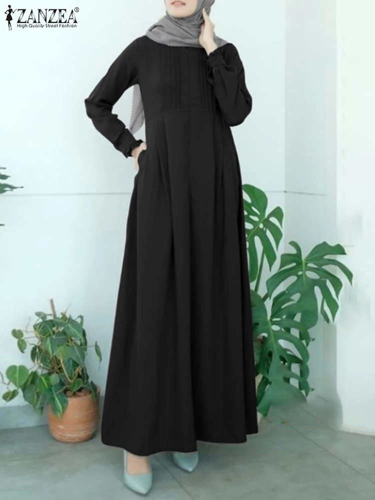 Мусульманское весеннее однотонное женское Макси-платье ZANZEA с длинным рукавом и круглым вырезом, длинные платья, Модный повседневный свобод...