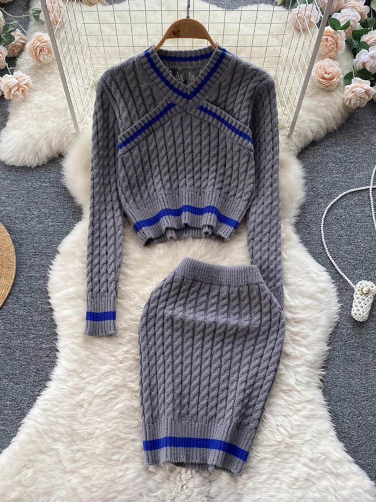 

YuooMuoo Two Piece Women Skirts Sets Dress 2022 Autumn Winter Fashion Y2K Twist Knitted Sweater + Skinny Wrap Hips Skirts Suits