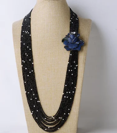 10strands black stone white freshwater pearl necklace micro inlay zircon blue flowers accessorie 80-90cm fashion jewelry