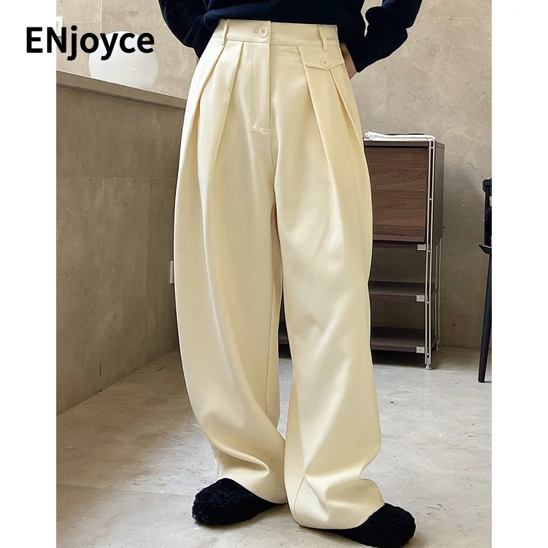 Women Winter Pocket Design Wide Leg Pants Office Lady High Waist Loose Thick Suit Trousers