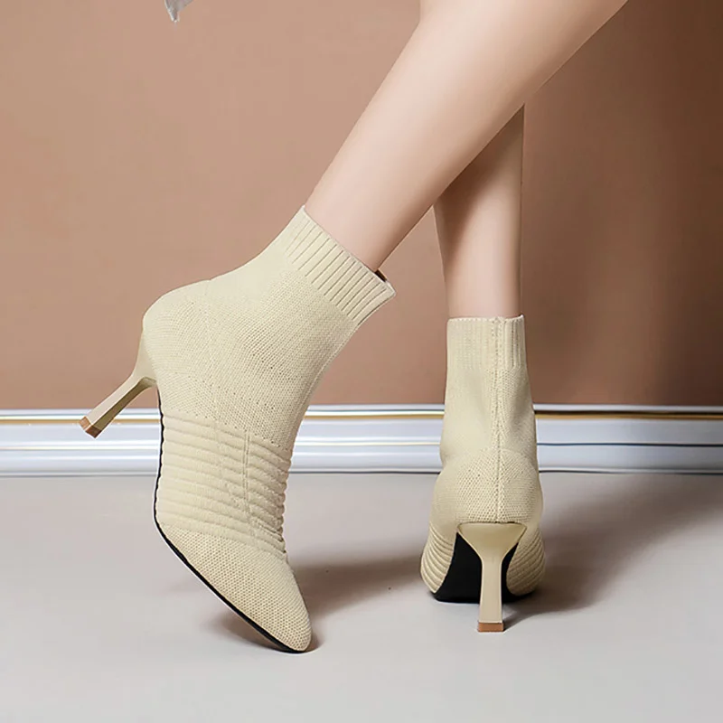 

Женские ботинки, сезон зима-осень 2021, вязаные ботильоны, классические ботинки на тонком каблуке, черные ботинки с острым носком на высоком к...
