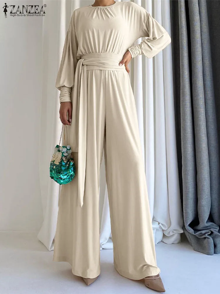 

ZANZEA Fashion Belted Waist Wide Leg Overalls Women Solid Drop-shoulder Ruched Jumpsuits O-neck Long Sleeve Casual Long Rompers