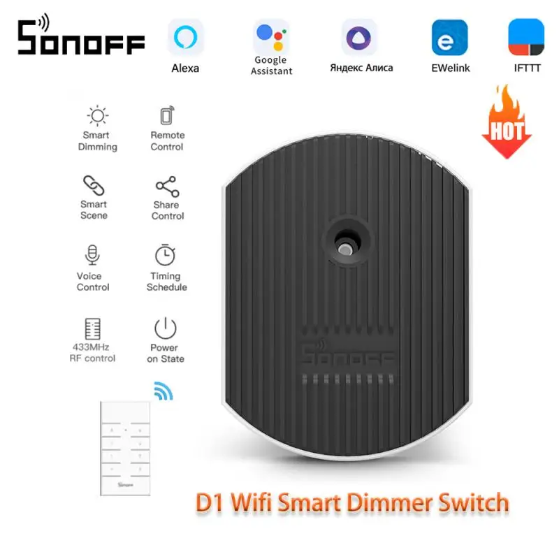 

Умный диммер SONOFF D1 с Wi-Fi, Умный домашний мини-переключатель «сделай сам», регулируемая яркость, приложение/голос/RM433, Радиочастотный пульт дистанционного управления