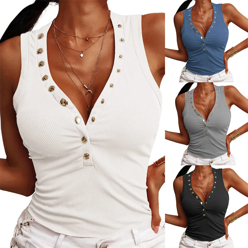 

Summer Women Half-Open Button Thread Tank Tops V-Neck Sleeveless Slim Splice Vest Tops Plus Size Ladies Street Clothing T-Shirts