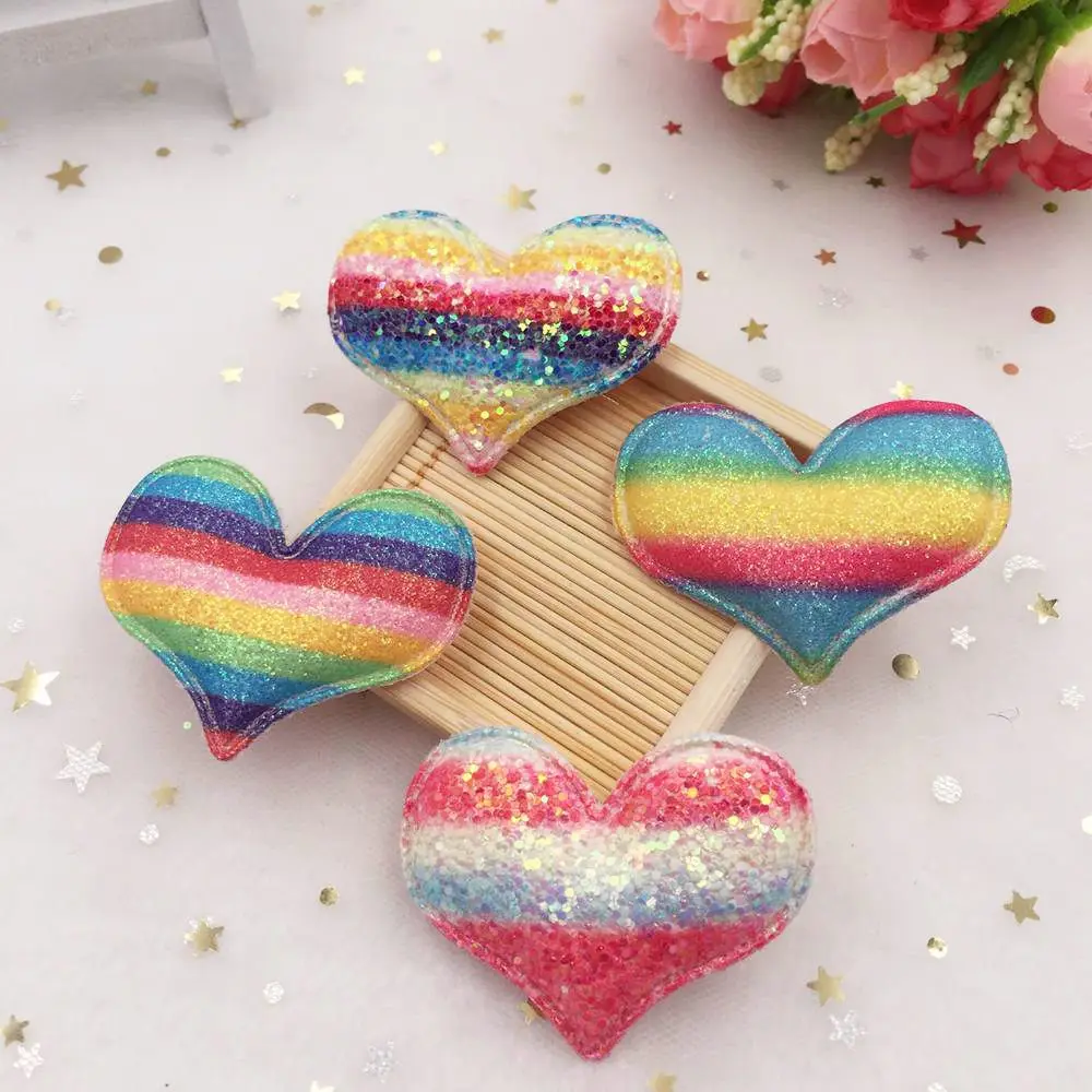 8pcs Glitter Bepowder Padded Fabric Pretty Rainbow Heart Appliques Wedding Patches DIY Hair Clip Accessories Craft Supplies
