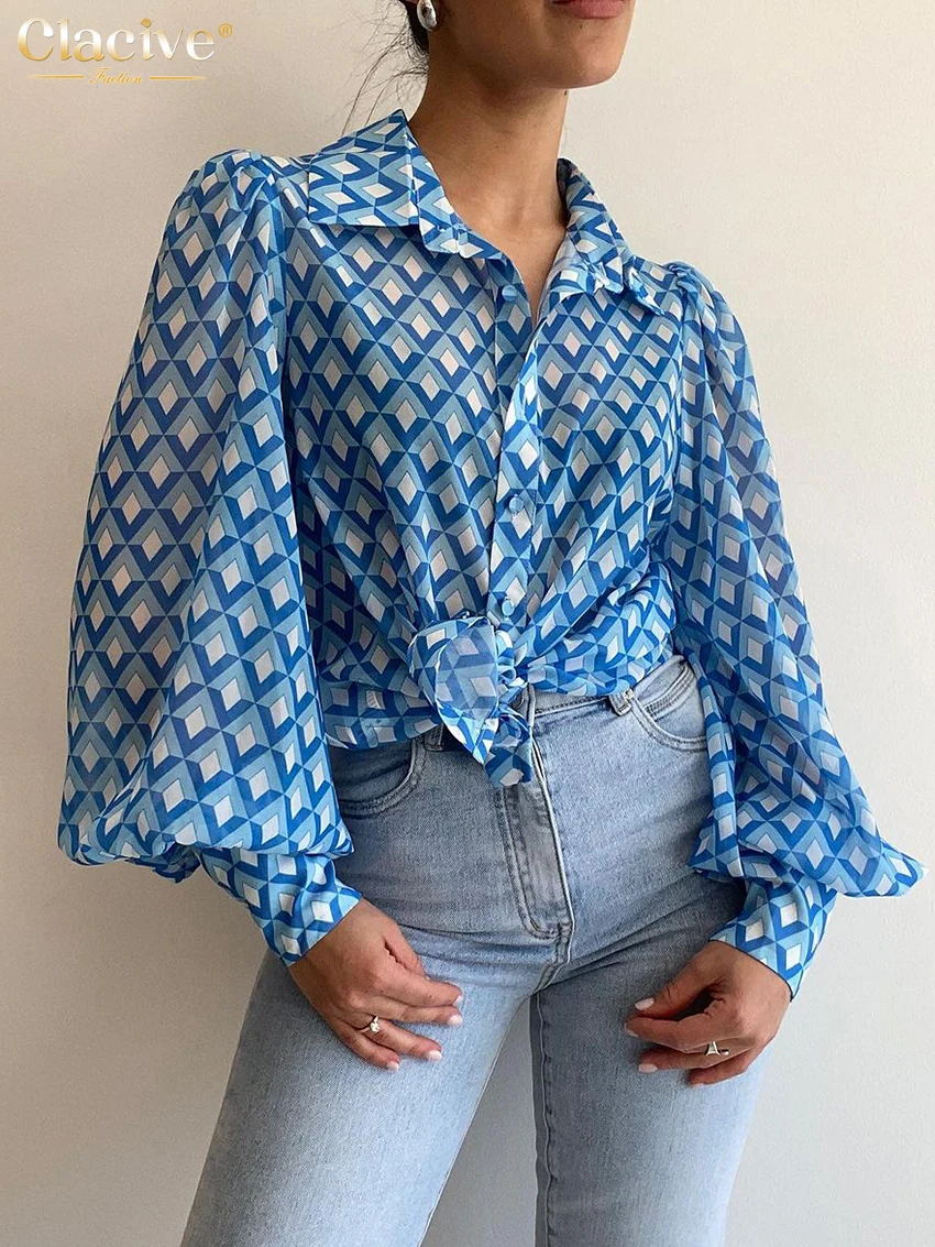 

Clacive Fashion Loose Print Women'S Shirts Elegant Lapel Long Sleeve Blouses Vintage Classic Pattern Top Female Clothing 2024