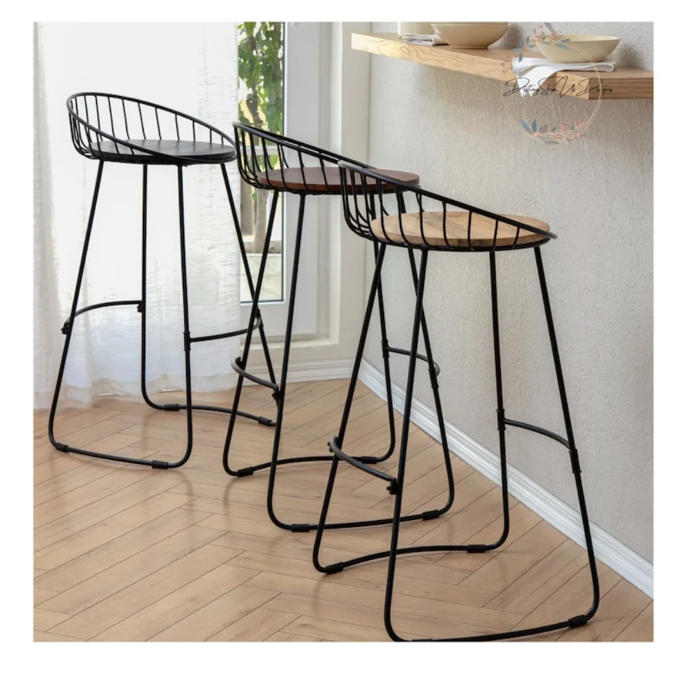 

Wood Counter & Bar Stool, Bar Stools Vintage Style, Solid Wood Breakfast Chair Industrial Iron Frame Kitchen High Seat Dining