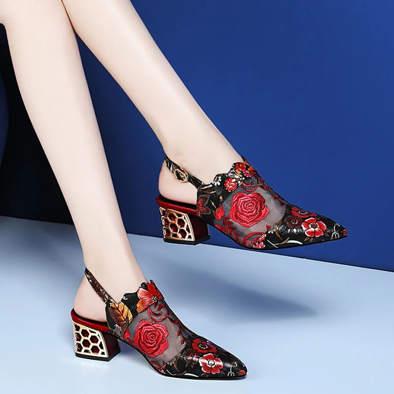 

Women Floral Mesh Belt Buckle Lace Sandals Woman High Heels Spring Female Shoes Classics Pointed Toe Sandals Ladies Party Shoes