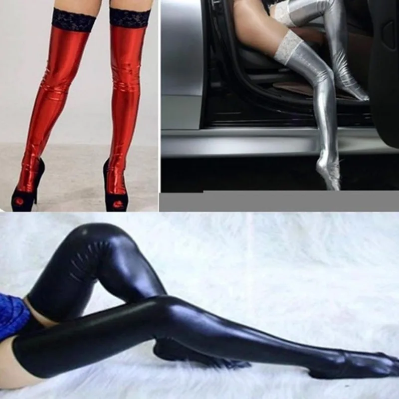 

Новинка, женские сексуальные однотонные носки из искусственной кожи, кружевные мотоциклетные чулки выше колена