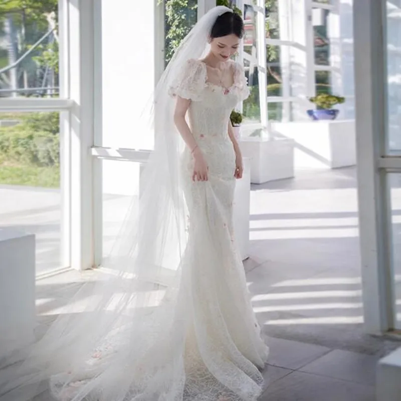 

Women's Luxury Lace Wedding Dresses Mermaid 3D Flower Bridal Gown Sexy Short Sleeve Vestido De Novia Floor-Length