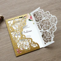 50 pieceslot laser cut rose gold glitter pocket wedding invitations personalized print business xv birthday invite card ic150