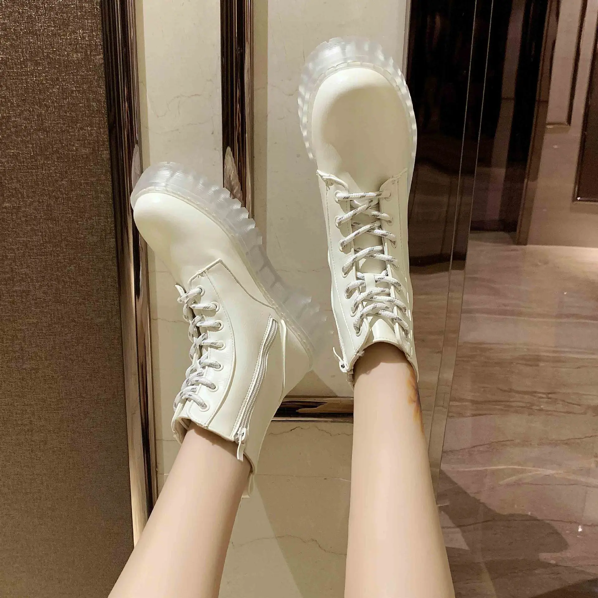 New Autumn Waterproof Platform Boots for Women Transparent Sole High Shoes Rubber Booties White Crystal Transparent Boots