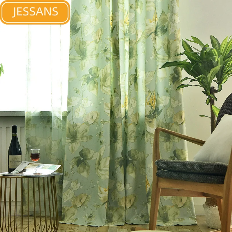 

American Country Green Leaf Printing Curtains Blackout Screens Curtains for Bedroom Living Room Floor-to-ceiling Bay Windows