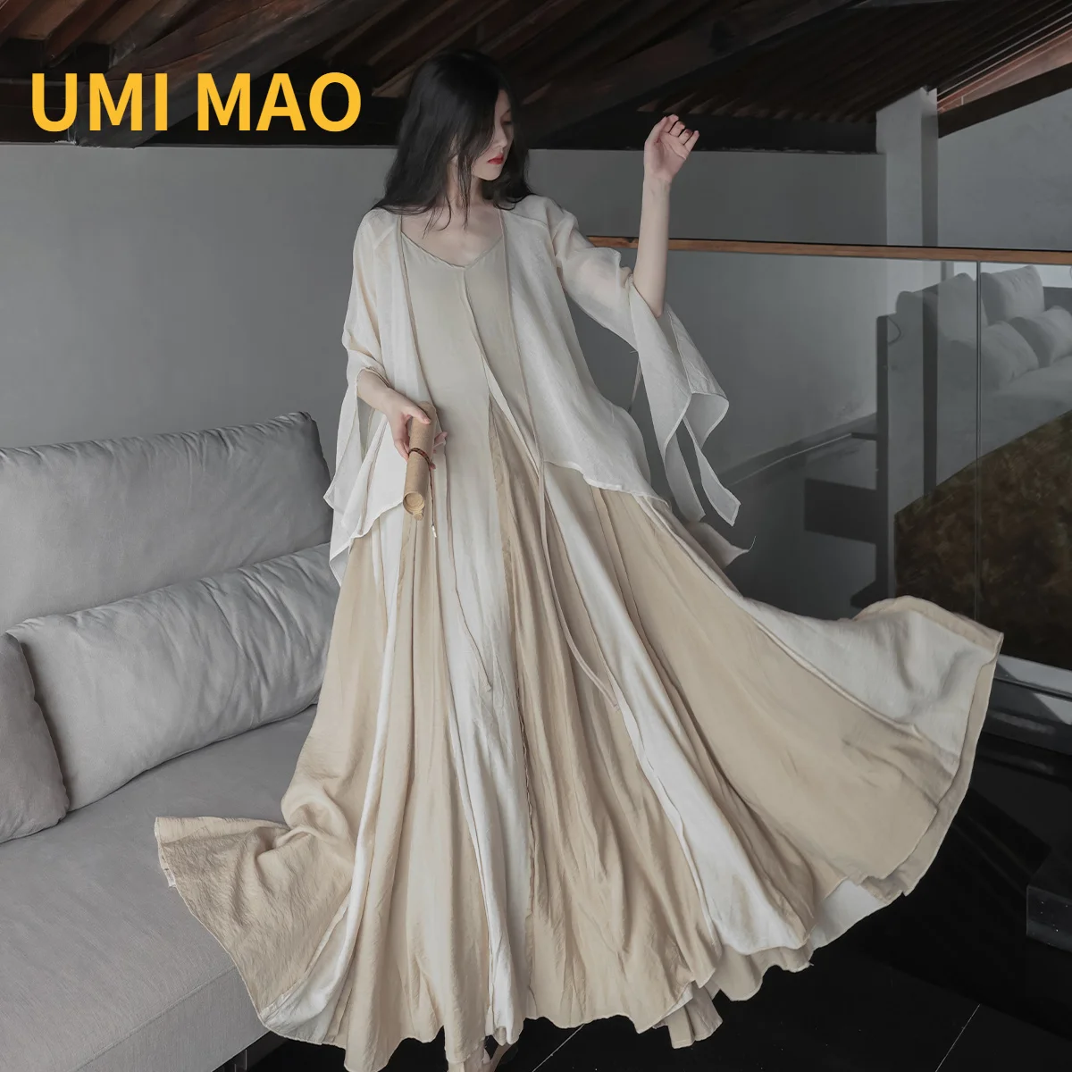 

UMI MAO Chinese Style Loose Super-long Ankle-length Oversized Swing Raw Edge Stitching Literary Heavy Work Elegant Dress Woman