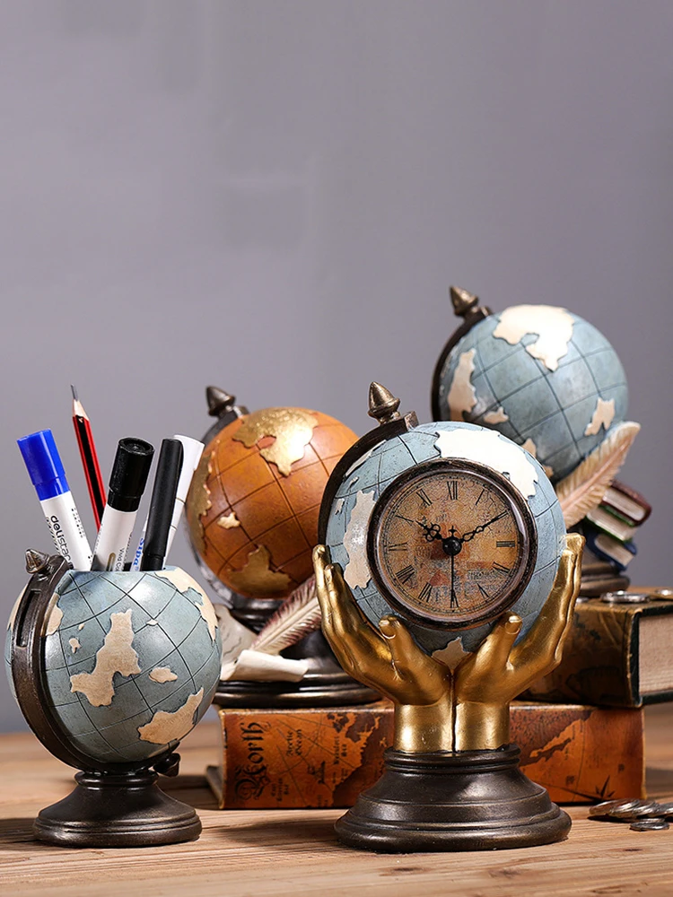 

Retro Globe Clock/pen Holder/piggy Bank Resin Cube Globe Figurine Craft Storage Box Birthday Gifts Vintage Home Desktop Decor