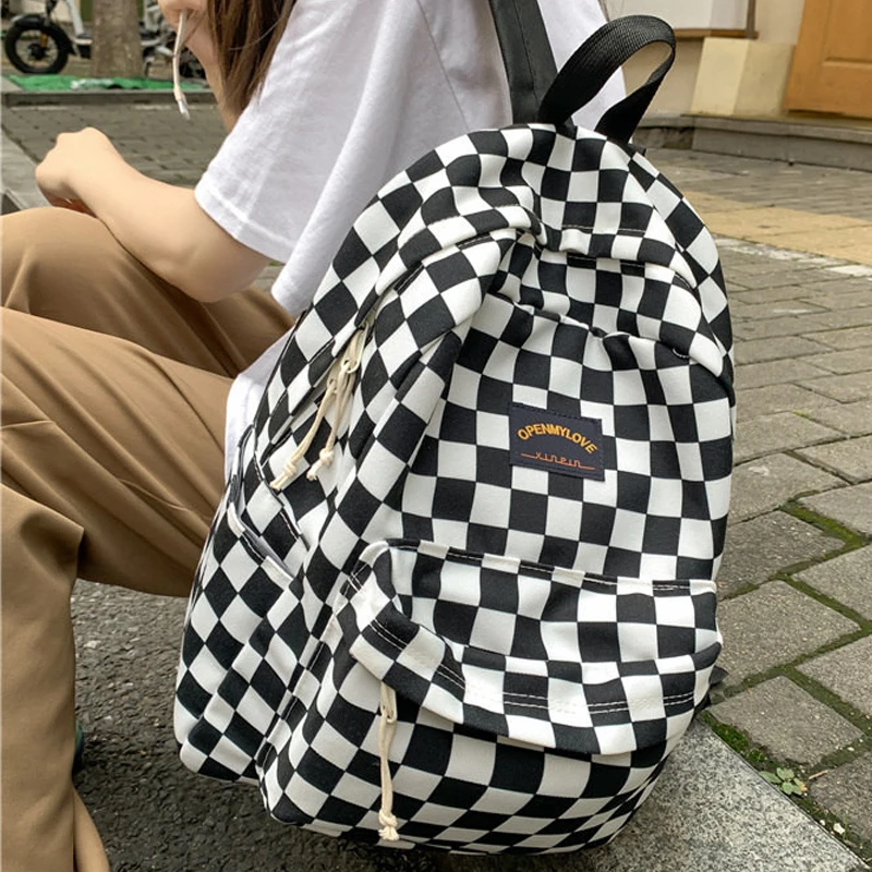 

Женский эстетический рюкзак в клетку в стиле Академии кавайная Спортивная повседневная холщовая винтажная дорожная сумка в Корейском стил...