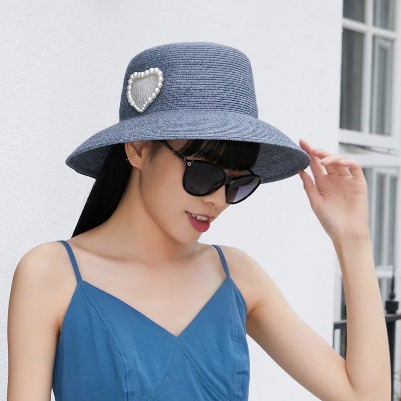 

Elegant Straw Sun Hat Women Hepburn Style Panama Cap Ladies Floppy Pearl Decoration Summer Outdoor Travel Bucket Hat Sunscreen