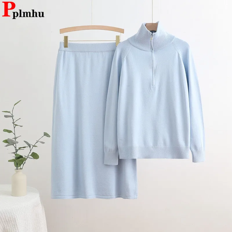 Fall Winter Knitted 2 Piece Sets Women Zipper Long Sleeve Knit Sweater Pullover Tops Conjuntos Casual High Waist Skirts Outfit