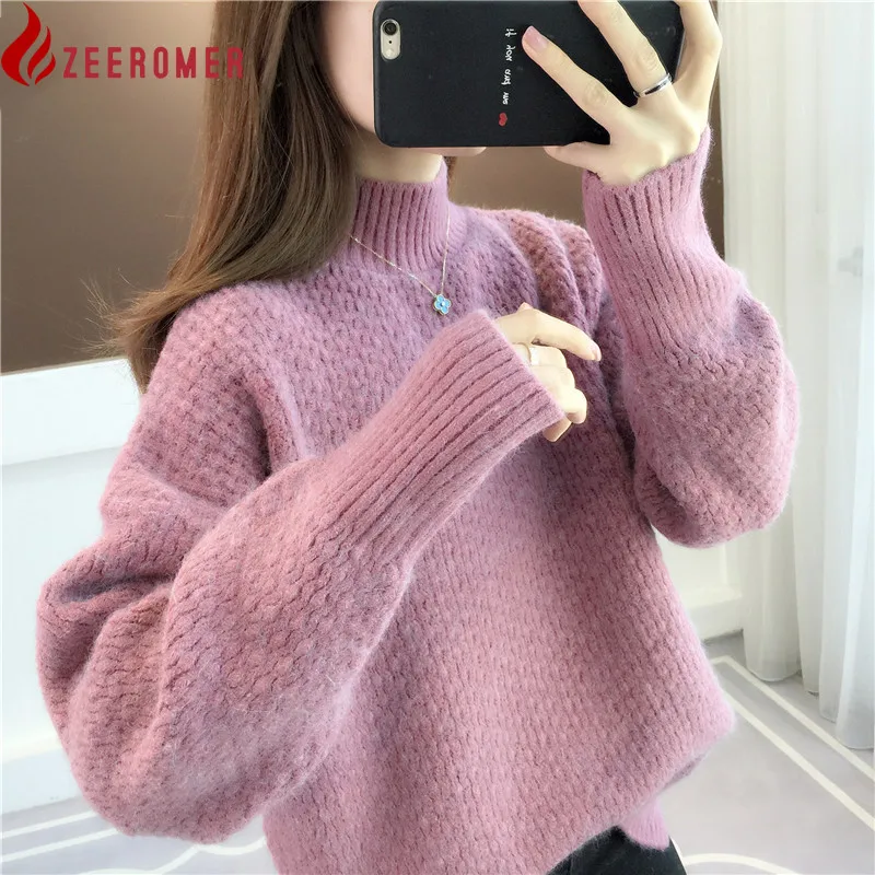 

2022 Winter New Women Fashion Solid Simple Half Turtleneck Sweater Loose Thick Warm Outer Wear Hedging Long-Sleeved knitted Top