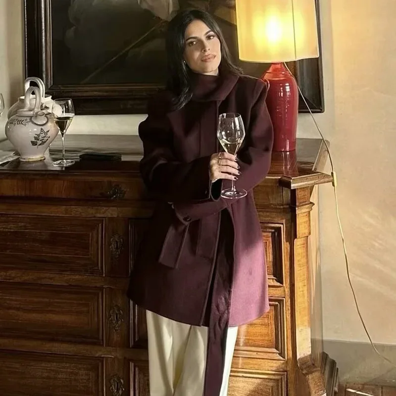 TRAF Твидовая длинная верхняя одежда Женское пальто Бордовый пояс Пальто с