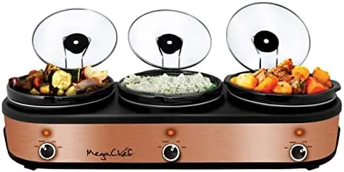 

2.5 Quart Slow Cooker and Buffet Server in Brushed Copper and Black Finish with 3 Ceramic Cooking Pots and Removable Lid Rests