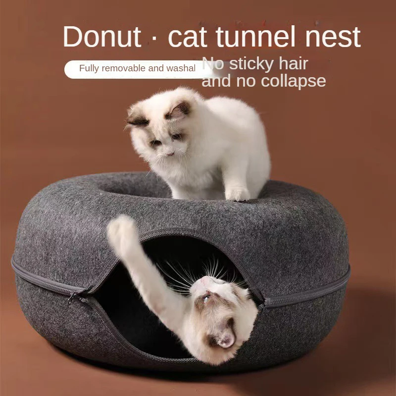 

Donut Cat Bed for 2 Cats Pet Cat Tunnel Toys Interactive Kitten Basket Play Toys Cats Natural Felt Rabbit Cave Nest House