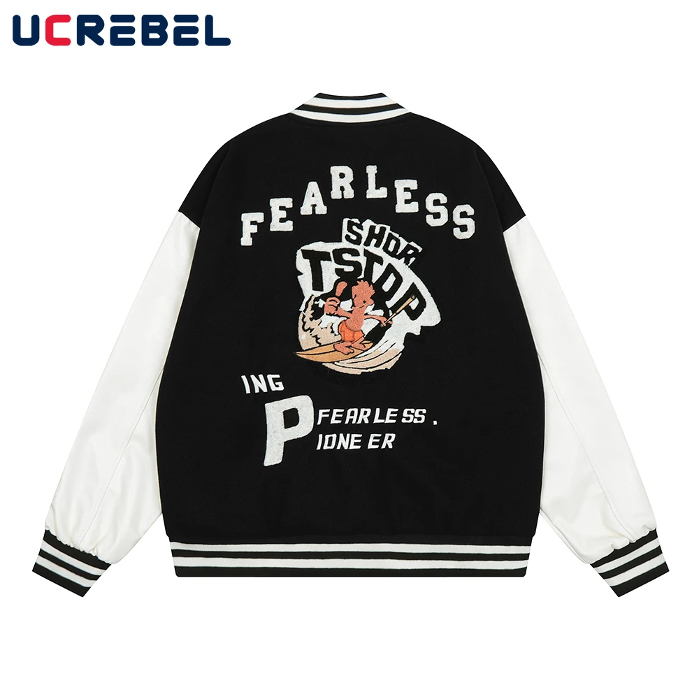 

Letter Embroidery Baseball Uniform Mens Winter Casual Stadium Jacket Streetwear V-neck Loose Sleeve PU Jacket Outerwear Men